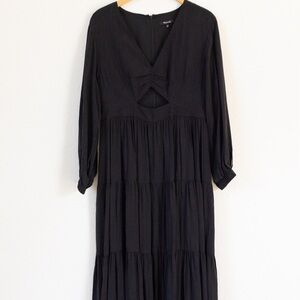 Madewell cut-out tiered long sleeve midi dress, black, size 12.